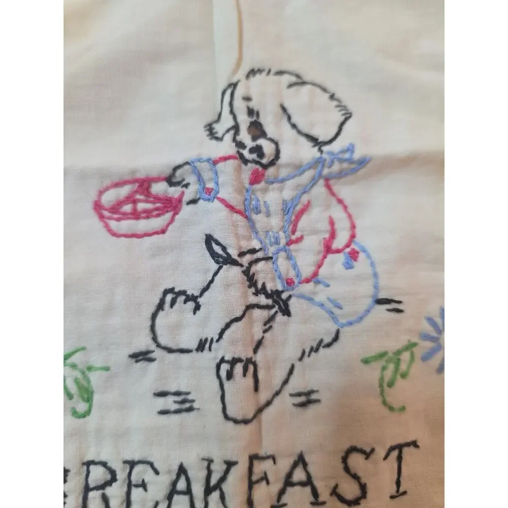 Vintage Baby Toddler Bib hand embroidered boarder Breakfast